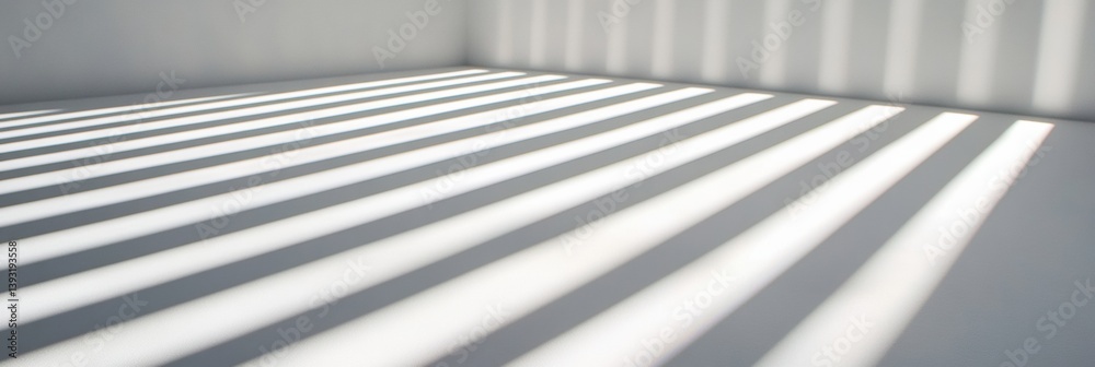 Poster Cut light strips create shadow patterns on a white surface in a modern art space during daylight hours