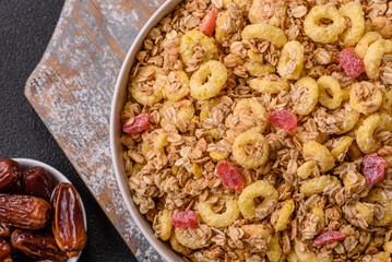 Flakes, chocolate balls and dried fruit for a hearty breakfast