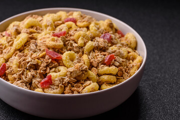 Flakes, chocolate balls and dried fruit for a hearty breakfast