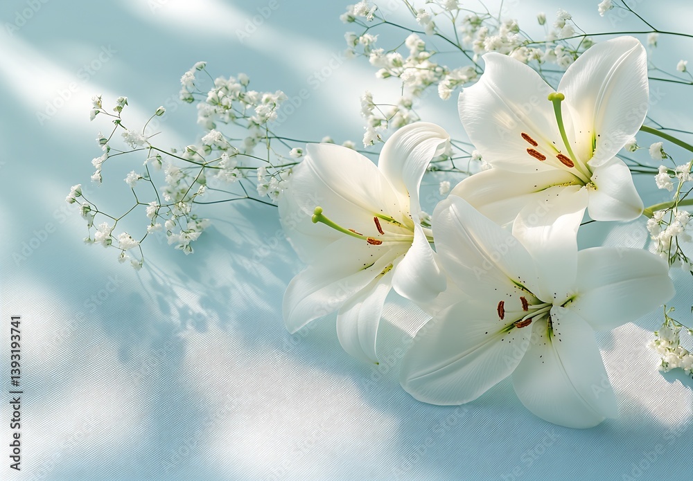 Aufkleber sunlit arrangement of white lilies with shadows and gentle accents on a soft backdrop indicating tra