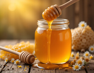 Golden Honey Pouring from Dipper into Jar with Honeycomb and Chamomile Flowers on Wooden Surface 