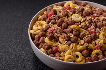 Flakes, chocolate balls and dried fruit for a hearty breakfast