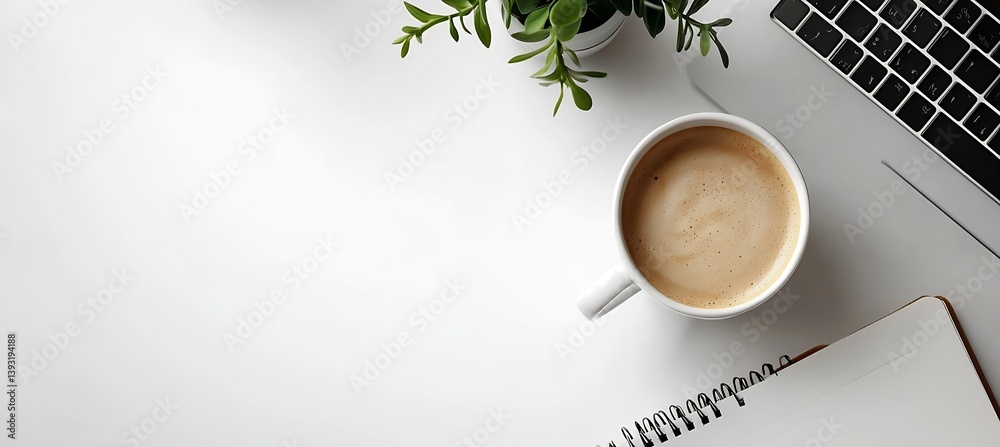 Poster minimalist workspace coffee cup keyboard and notebook on clean white desk for focus and productivity