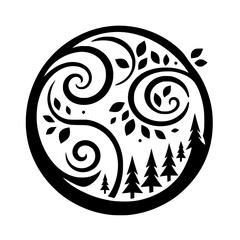 Abstract Nature Symbol: Trees, Leaves, and Swirls in a Circle