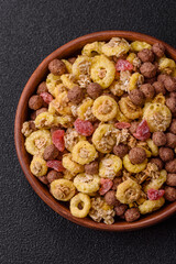 Flakes, chocolate balls and dried fruit for a hearty breakfast