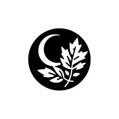 Black Circle Logo: Moon & Leaf, Minimalist, Symbolism
