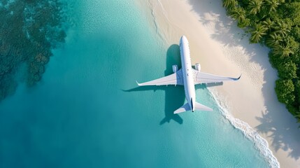 Obraz premium Aerial View of Airplane on Beach with Turquoise Water and Lush Greenery Surrounding Shoreline