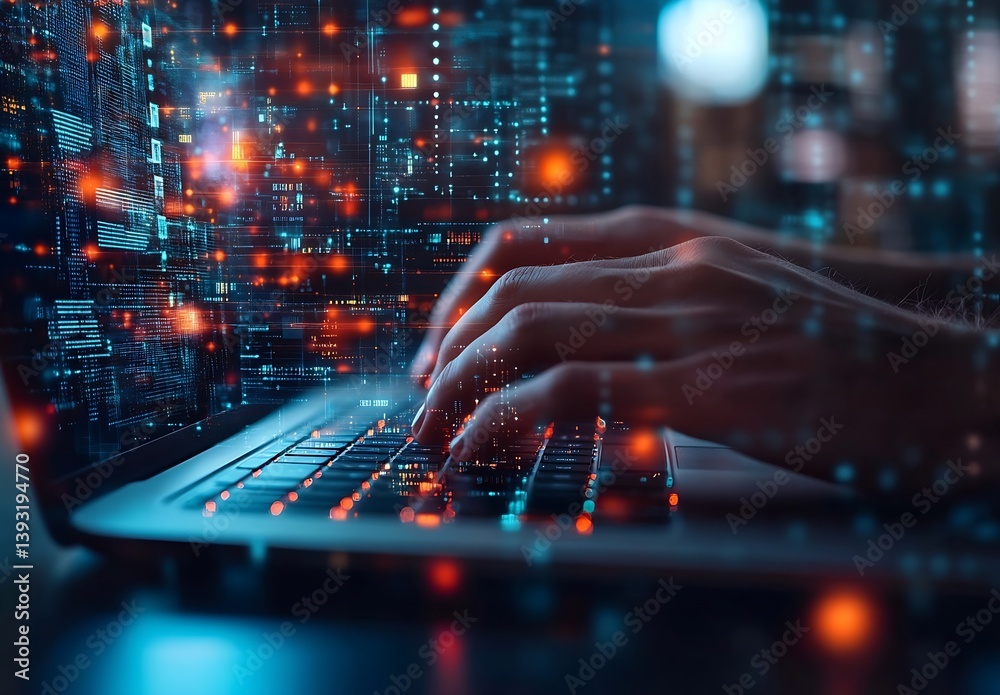 Poster Hands Typing on Laptop with Digital Data Stream Illustrating Cybersecurity Programming and CuttingEdge Technology : Generative AI
