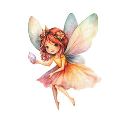 Watercolor Fairy Girl with Crystal and Wings. Watercolor fairy girl with flower crown, pastel wings, and gradient dress holding a glowing crystal in her hand, without background.