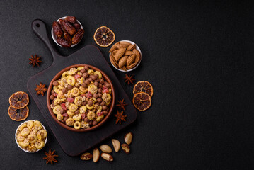 Flakes, chocolate balls and dried fruit for a hearty breakfast