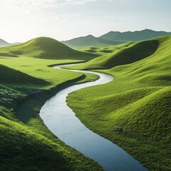 image of a lush river valley with gently rolling green hills isolated on a plain background 