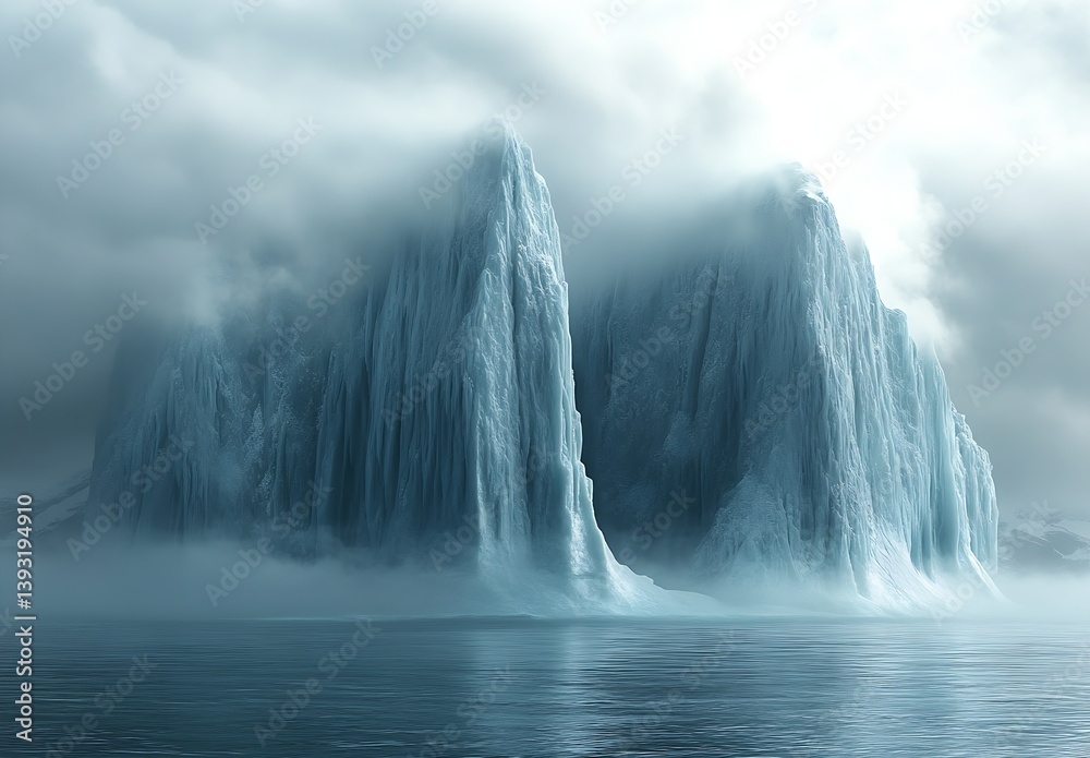 Poster Majestic icebergs looming over the calm water with a mysterious fog creating an ethereal atmosphere : Generative AI