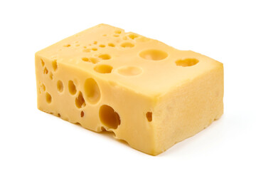 Swiss cheese with holes, isolated on white background.