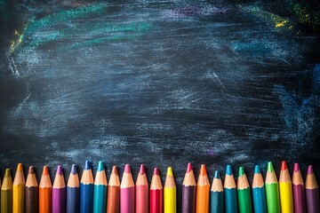 Colorful Pencil Row on Chalkboard Background Vibrant School Supplies for Art Education and Creative Projects : Generative AI