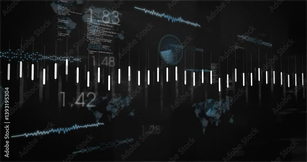 Poster world map with digital data, graphs, and numbers in animation on dark background