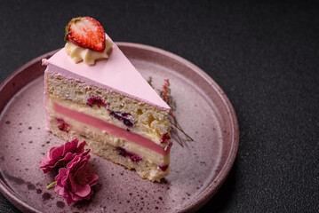 A slice of pink colored puff cake for a birthday celebration