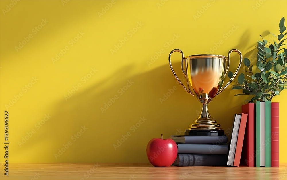 Aufkleber achievement still life golden trophy on books with red apple symbolizing success learning and academ