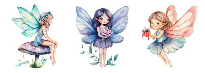 Watercolor Fairy Clipart Set with Wings, Flowers, and Gifts. Watercolor illustration of three fantasy fairy girls with colorful wings, holding a rose and a gift, one sitting on a mushroom.