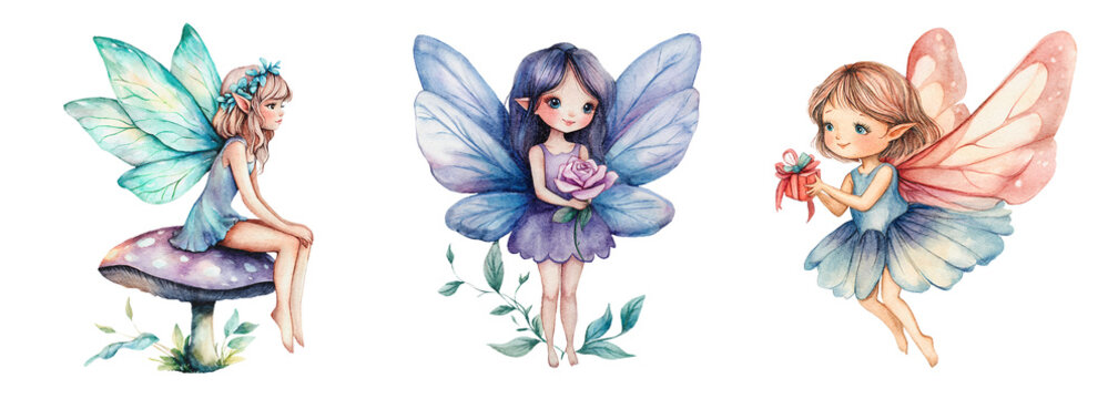 Watercolor Fairy Clipart Set with Wings, Flowers, and Gifts. Watercolor illustration of three fantasy fairy girls with colorful wings, holding a rose and a gift, one sitting on a mushroom.