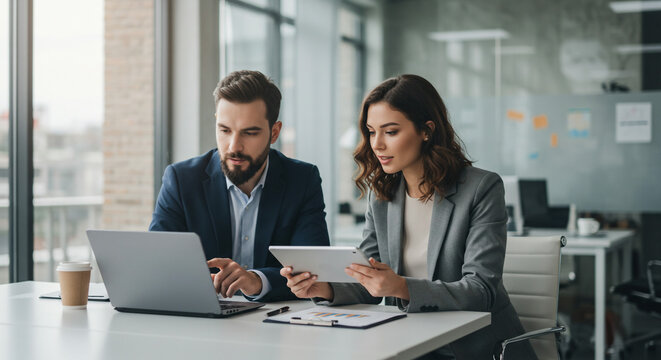 A focused business team collaborates on a project, reviewing data on a laptop and tablet in a modern, bright office space.