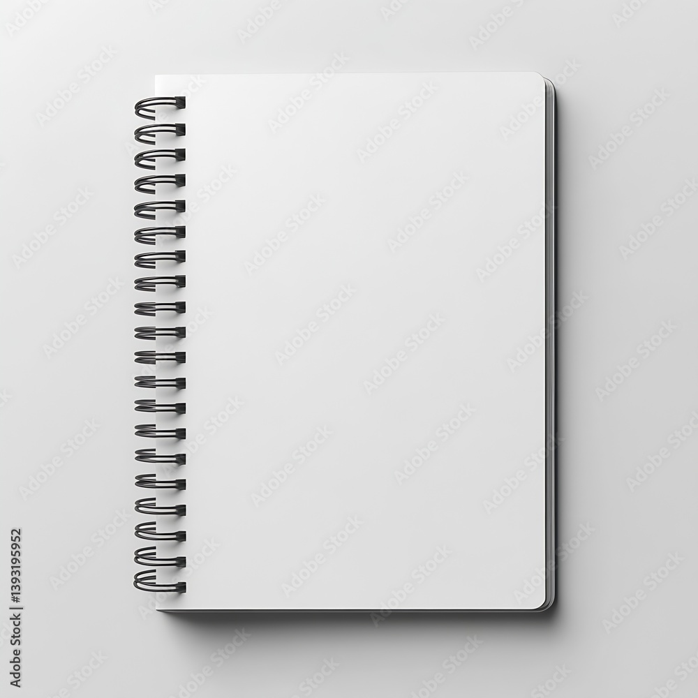 Aufkleber Blank White Spiral Notebook with Black Binding for Sketching Writing or Design Mockup on Light Background : Generative AI