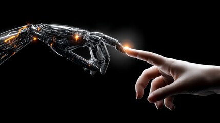 Human and robotic fingers nearly touching in a symbolic representation of connection and innovation