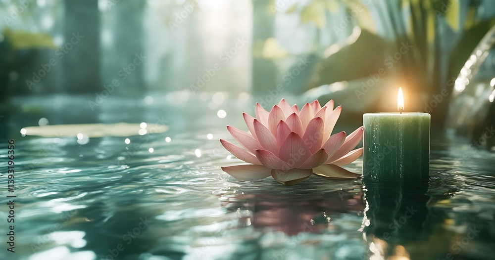Poster spa scene with lotus flower and candle floating on water zen and meditation concept serene and tranq