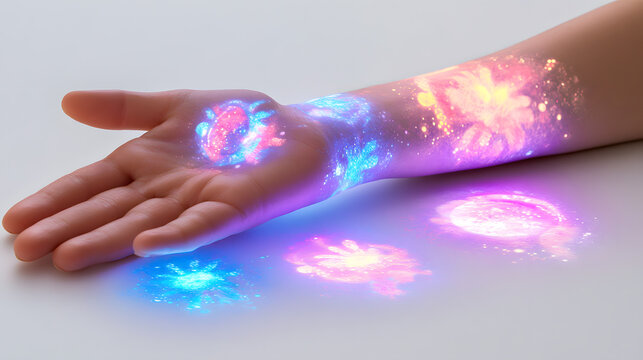 A hand and arm adorned with glowing, cosmic nebulae patterns. - Powered by Adobe