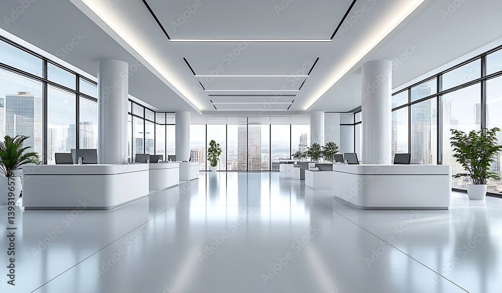 Leinwandbilder Modern White Office Reception Area with Clean Lines Open Space Large Windows and Minimalist Design for Corporate Environments : Generative AI