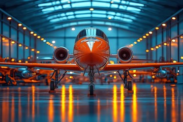 Modern Orange Jet in Futuristic Glass Hangar
