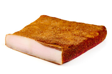 Homemade smoked pork lard with spices, isolated on white background.