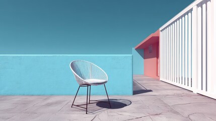 Fototapeta premium A contemporary chair in front of a soft blue wall with white slats, against a pale pink sky