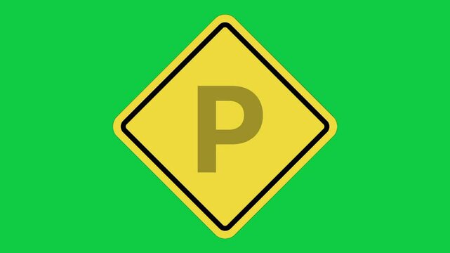 Parking Warning Sign Animation, Yellow Diamond Traffic Caution Sign on Green Screen in 4K