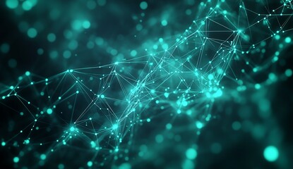 Glowing blue and green abstract background with connected lines and dots creating a technology inspired design : Generative AI