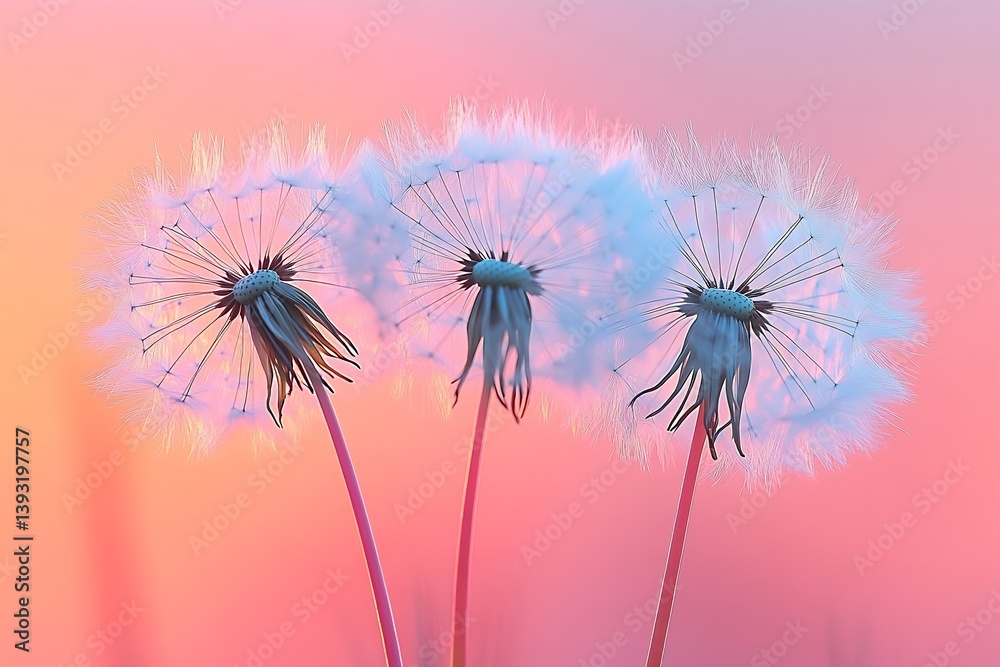 Poster closeup of three dandelion seed heads on pink and orange gradient background detailed botanical macr