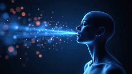 Obraz premium Vagus Nerve Stimulation Illustration with Blue Light Effects and Brain-like Character.