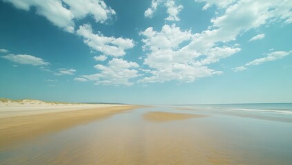 Fototapeta premium Tranquil Beach Scene Clear Blue Sky and Sandy Shore Serene Coastal Landscape for Vacation and Relaxation Backgrounds : Generative AI