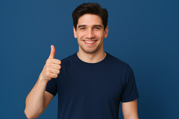 Cheerful young man in a navy blue t-shirt smiling and giving a thumbs up in front of a blue background