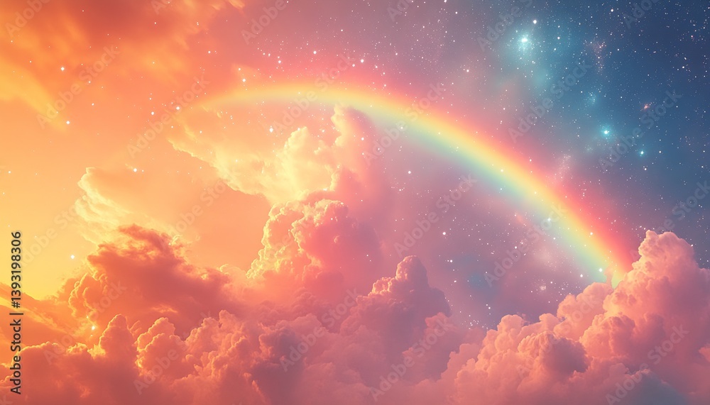 Aufkleber stunning celestial view showcasing a vibrant rainbow arching over fluffy clouds in a starry sky : ge