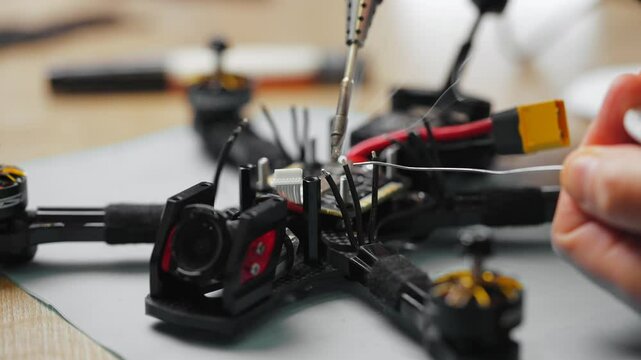 Technician soldering components onto circuit board of disassembled fpv drone