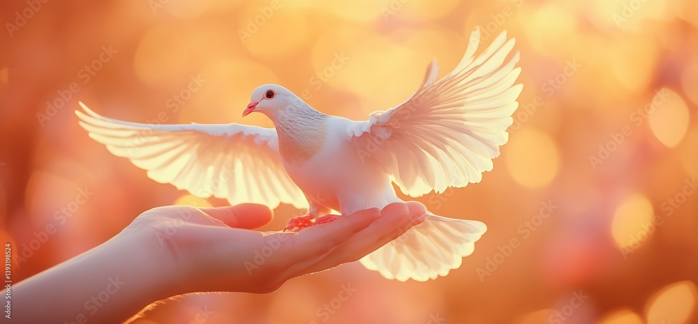 Poster enchanting shot of a dove spreading its wings in a warm glowing atmosphere of spring blooms : genera