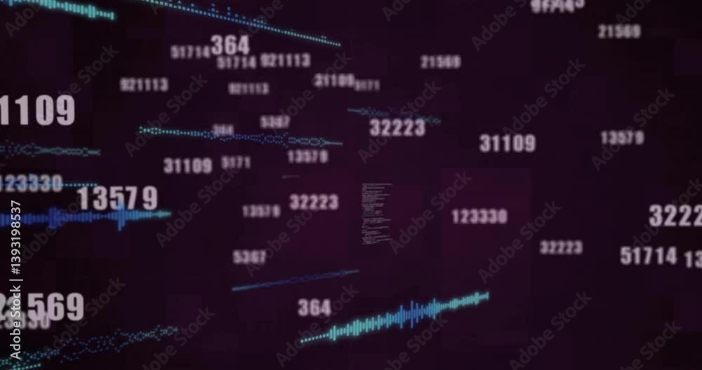 Poster animation of floating numbers and data visualizations with digital waveforms in background