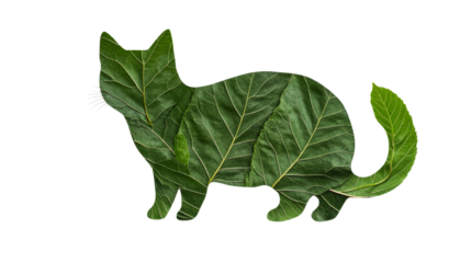 Leaf art cat portrait, foliage feline silhouette, pet, natural, cut out transparent