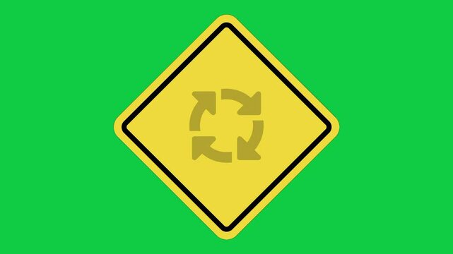 Roundabout Ahead Traffic Warning Sign Animation, Yellow Diamond Road Sign on Green Screen in 4K