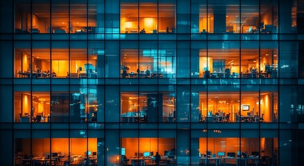 Office Building Windows at Night Illuminating Workspaces and Corporate Life Urban Landscape : Generative AI