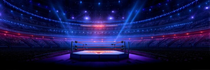 Empty Arena Stage Ready for Event - An empty wrestling ring in a large stadium, ready for a big event. Bright lights illuminate the scene