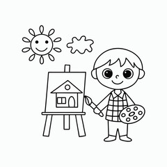 children drawing a house. Cartoon Boy Painting at Easel – Black and White Line Art, Coloring Book for Kid's Vector Illustration