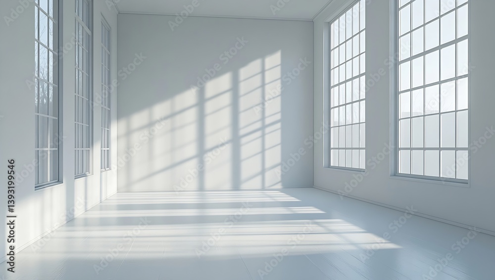 Poster bright white empty room interior with large windows and sunlight casting shadows on walls and floor 