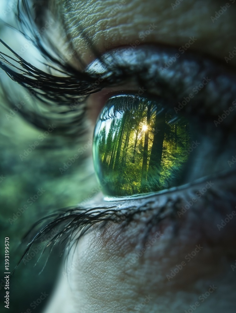 Poster close-up of an eye showcasing a forest reflection in the iris, capturing the beauty of nature with i