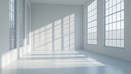 Bright White Empty Room Interior with Large Windows and Sunlight Casting Shadows on Walls and Floor : Generative AI